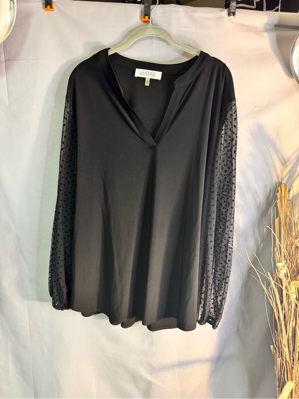 Kasper Black V-Neck Blouse with Sheer Dot Sleeves